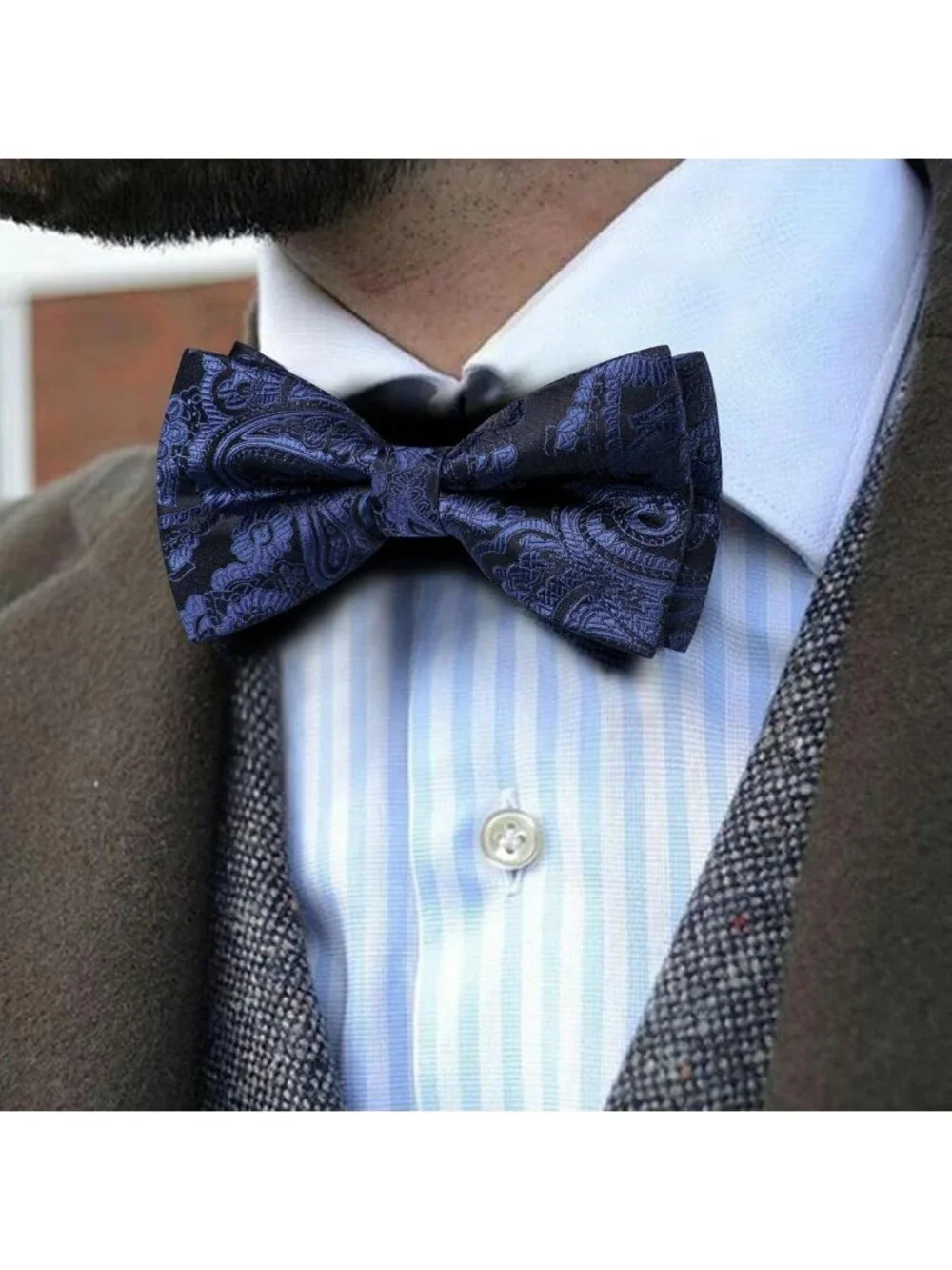 Elegant Paisley Striped Silk Bow Tie Set for Men - Pre-Tied, Formal Accessory